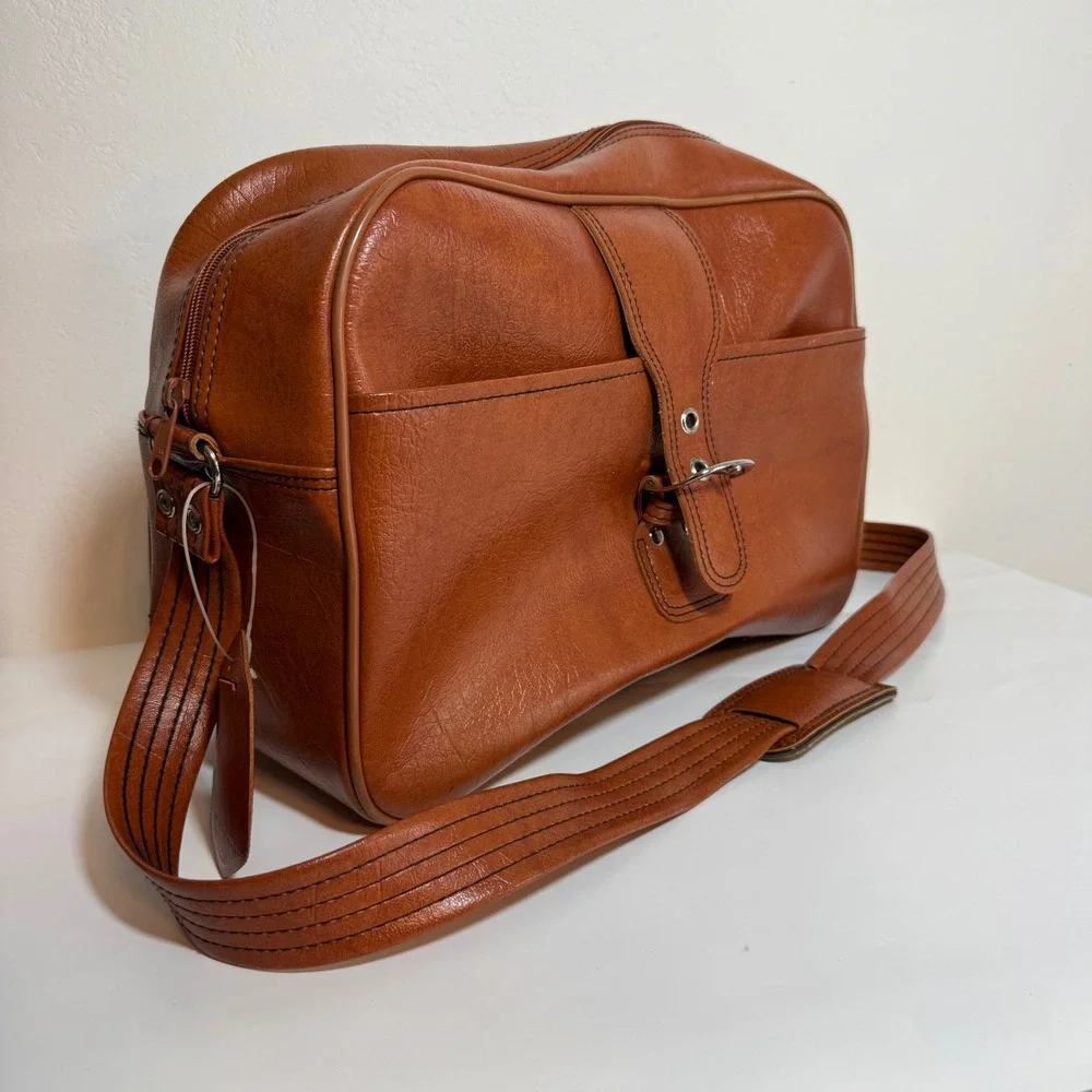 F.W. Woolworth Vintage Flight Bag Brown Faux Leather 70s Retro Carry On Academia